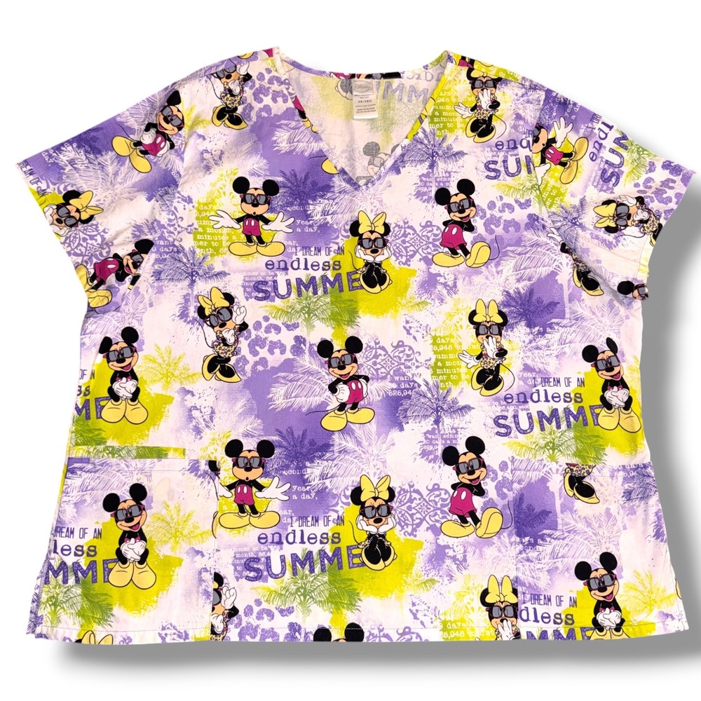 Disney Scrub Top Women 3X Purple Mickey Minnie Endless Summer MK23A630